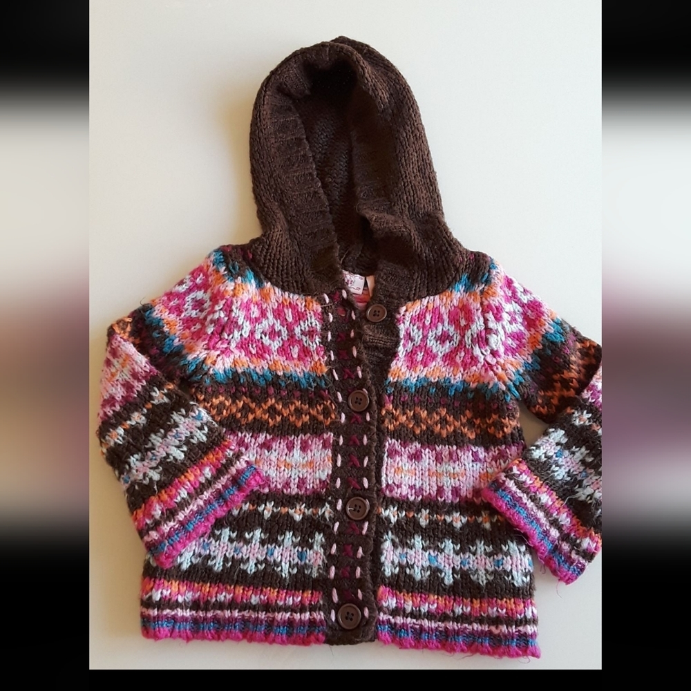 Sugar Brown & Pink Fair Isle Hooded  Toggle Knit Sweater 4T